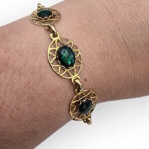Victorian Revival Filigree Bracelet Emerald Green Cabochons Renaissance Romance